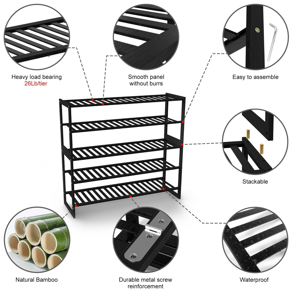 Shoe Rack Bamboo 5 Tier Shoe Organizer, Storage 20-25 Pairs for Closet, Stackable Large Tall Shoe Shelf Holder Stand Cubby