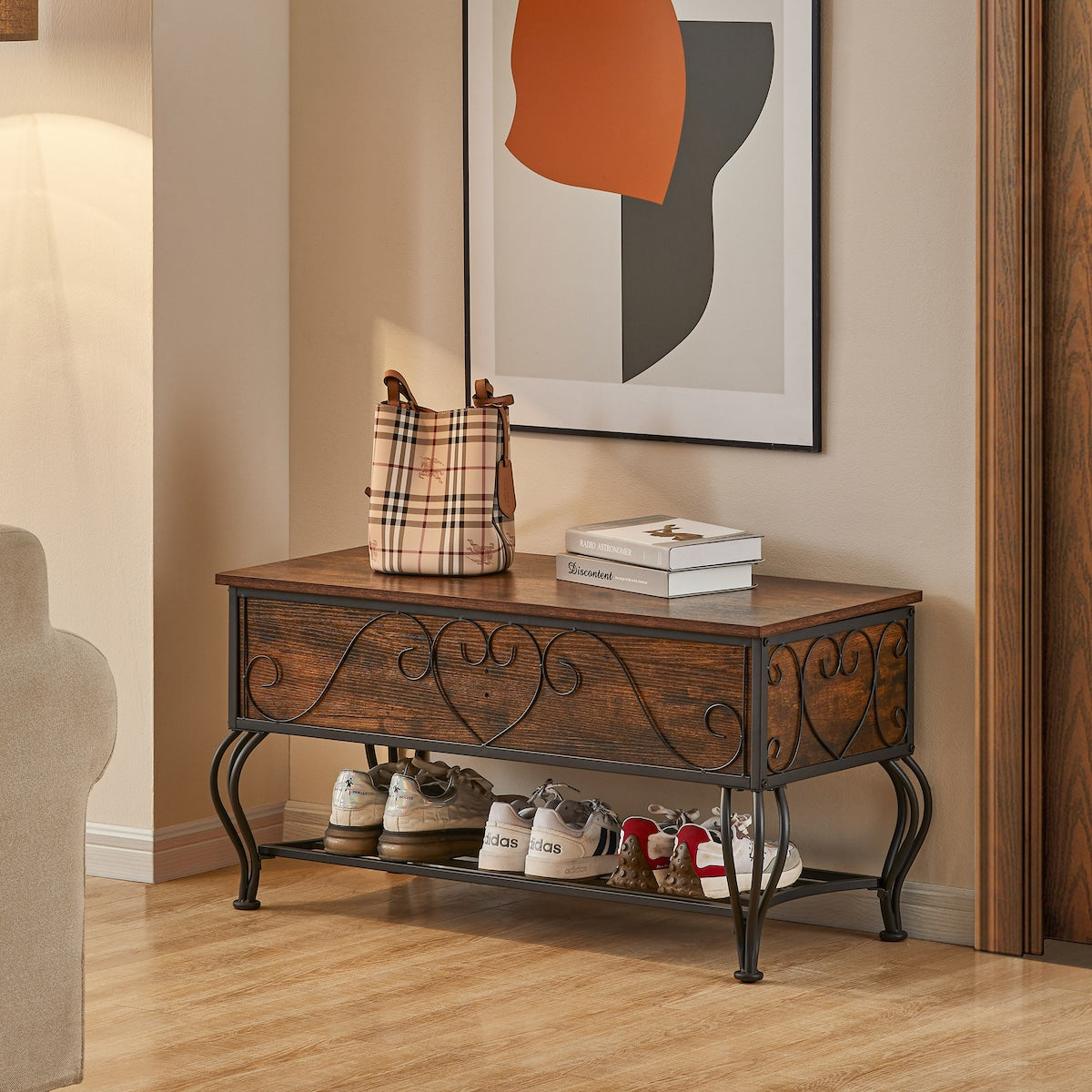 Shoe Rack Bench for Entryway, Industrial Bench with Shoe Storage Shelf, Rustic Shoe Rack for Small Spaces