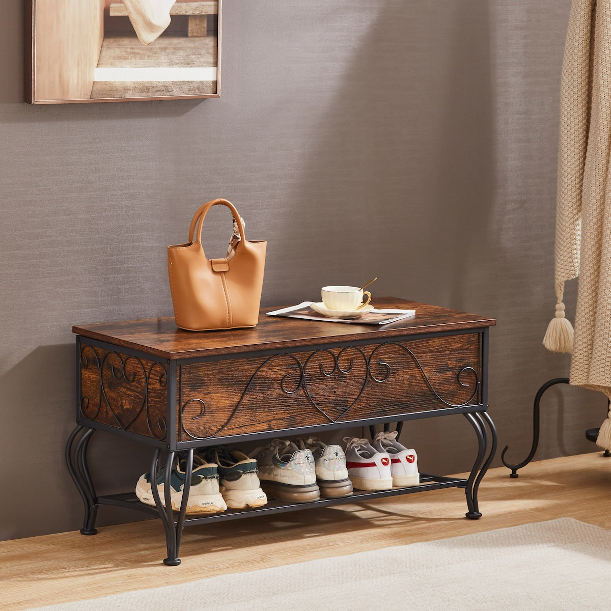 Shoe Rack Bench for Entryway, Industrial Bench with Shoe Storage Shelf, Rustic Shoe Rack for Small Spaces