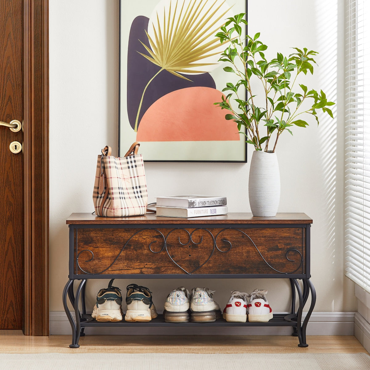 Shoe Rack Bench for Entryway, Industrial Bench with Shoe Storage Shelf, Rustic Shoe Rack for Small Spaces