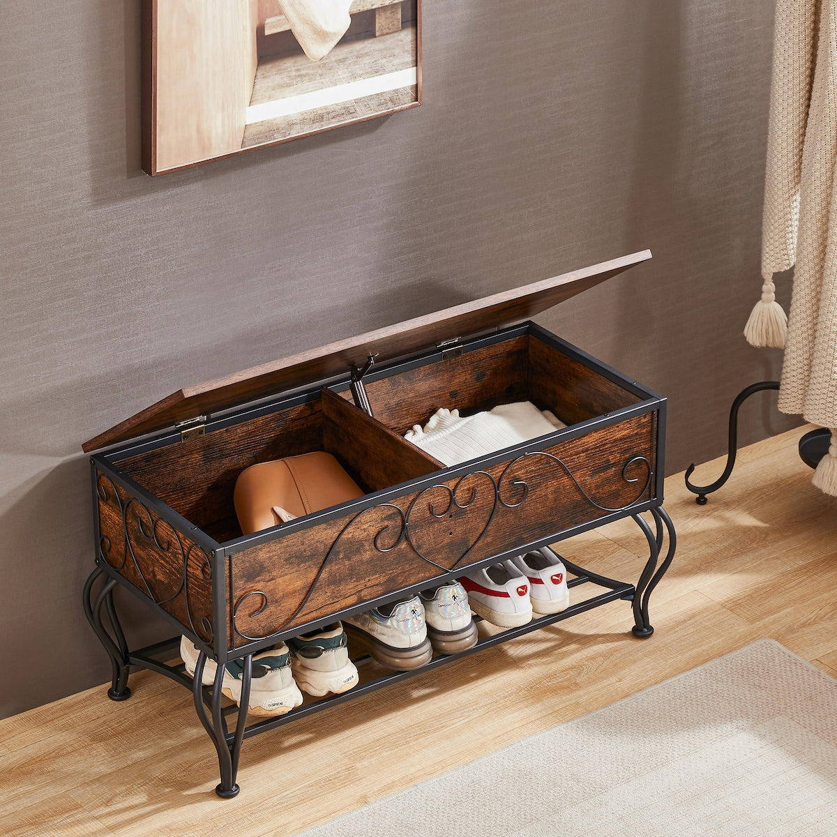 Shoe Rack Bench for Entryway, Industrial Bench with Shoe Storage Shelf, Rustic Shoe Rack for Small Spaces