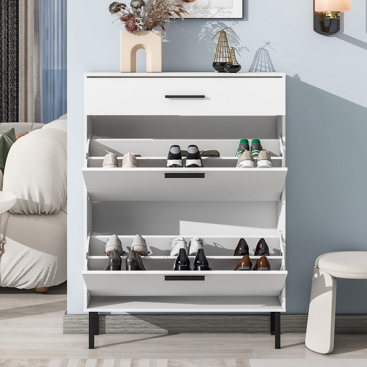Shoe Rack Storage Organizer with Drawers & Metal Legs