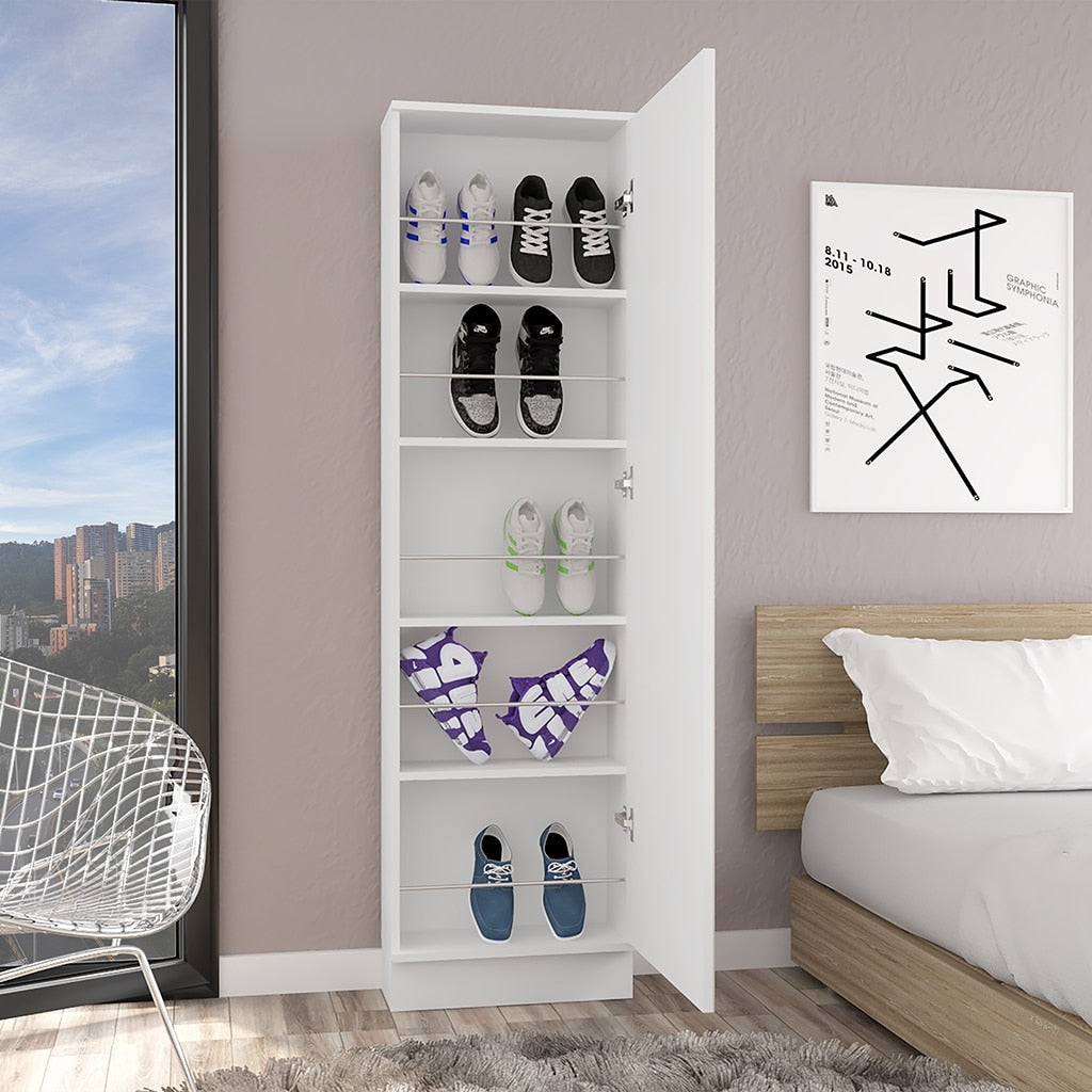 Shoe Rack With Mirror Five Interior Shelves And Single Door Cabinet