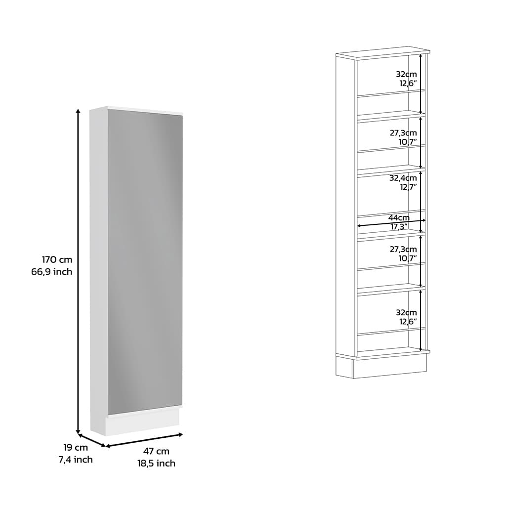 Shoe Rack With Mirror Five Interior Shelves And Single Door Cabinet