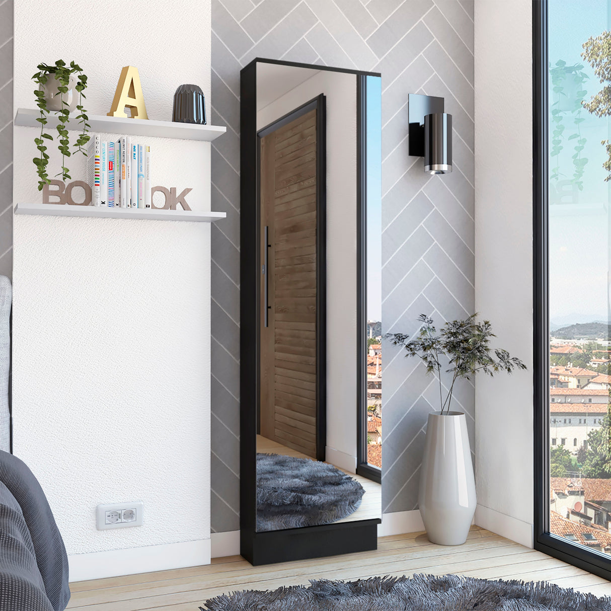 Shoe Rack With Mirror Five Interior Shelves And Single Door Cabinet