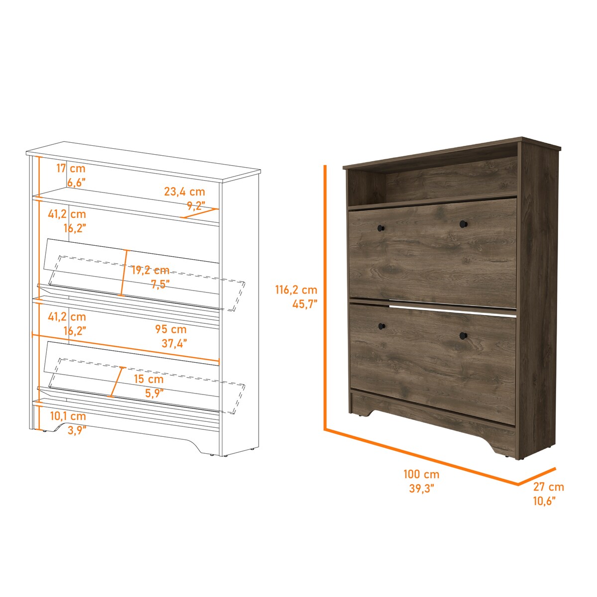 Shoe Rack With One Open Shelf And Two Extendable Cabinets