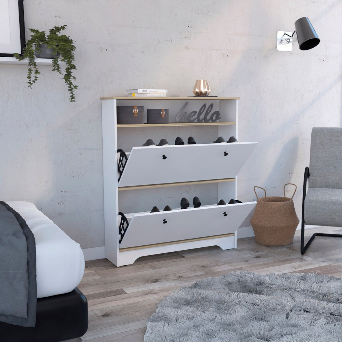 Shoe Rack With One Open Shelf And Two Extendable Cabinets