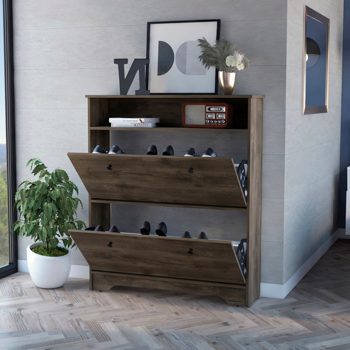 Shoe Rack With One Open Shelf And Two Extendable Cabinets