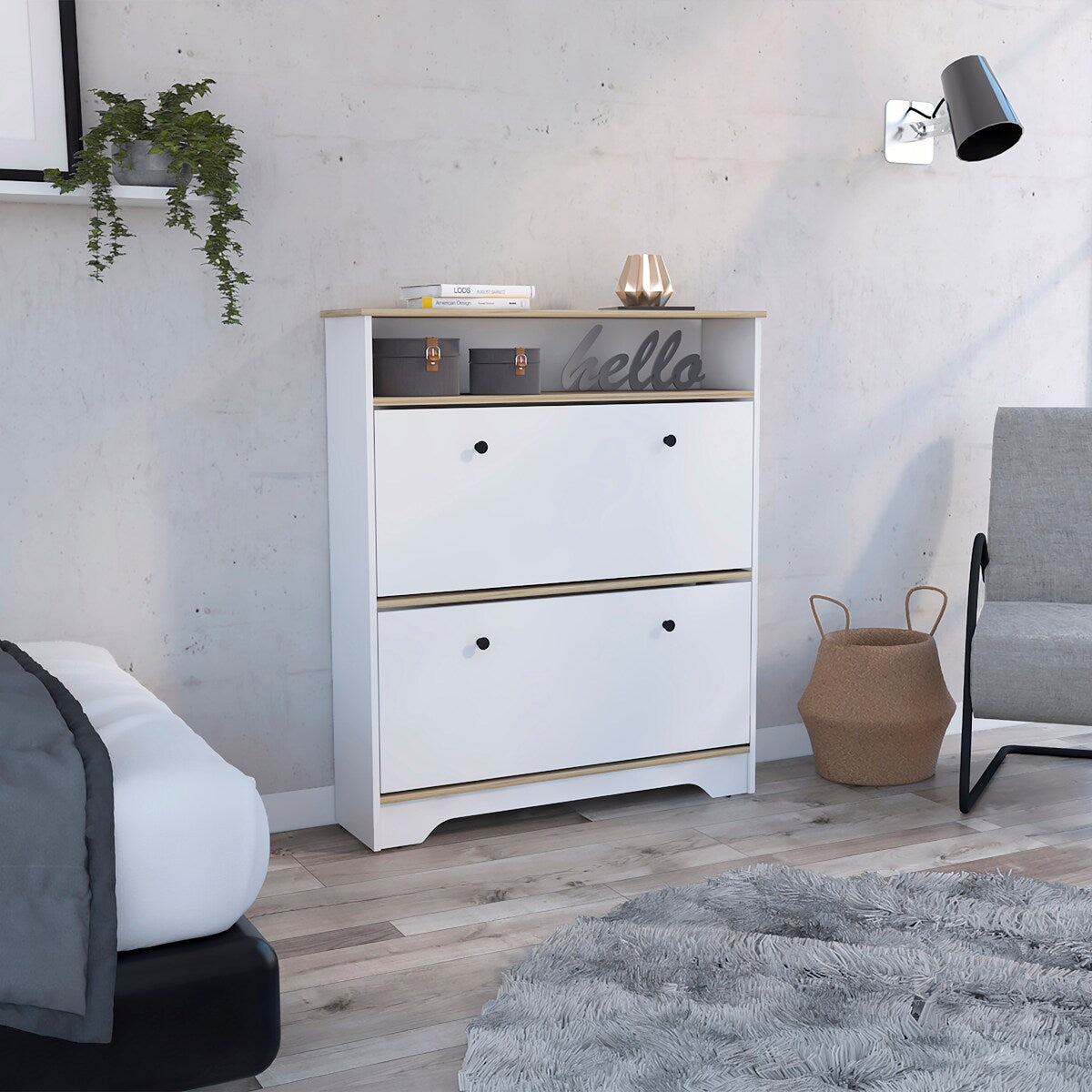 Shoe Rack With One Open Shelf And Two Extendable Cabinets