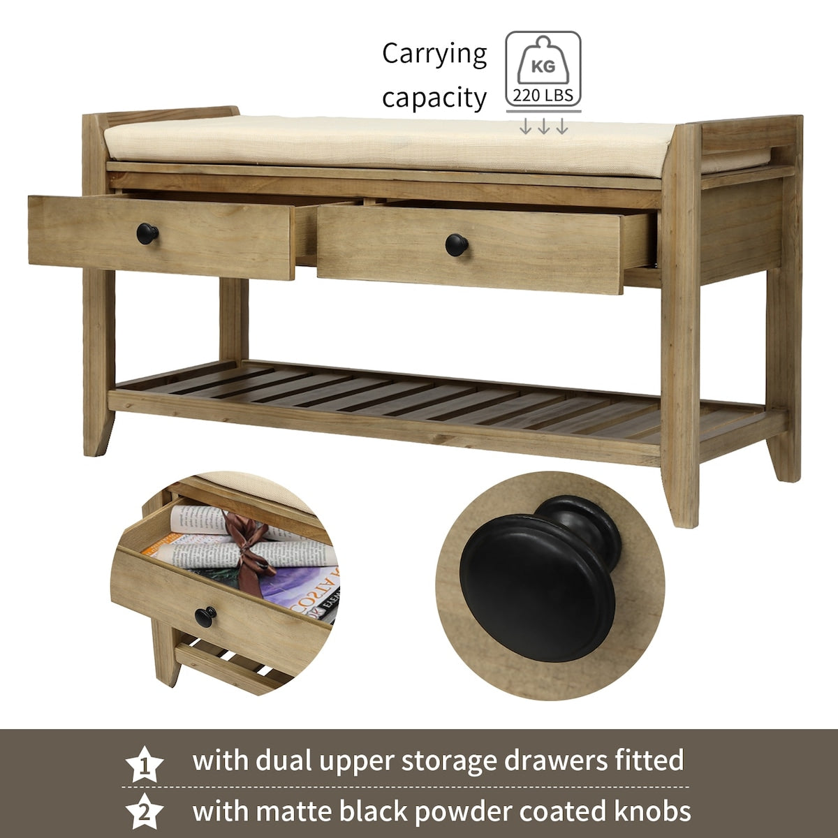 Shoe Rack with Cushioned Seat and Drawers, Multipurpose Entryway Storage Bench