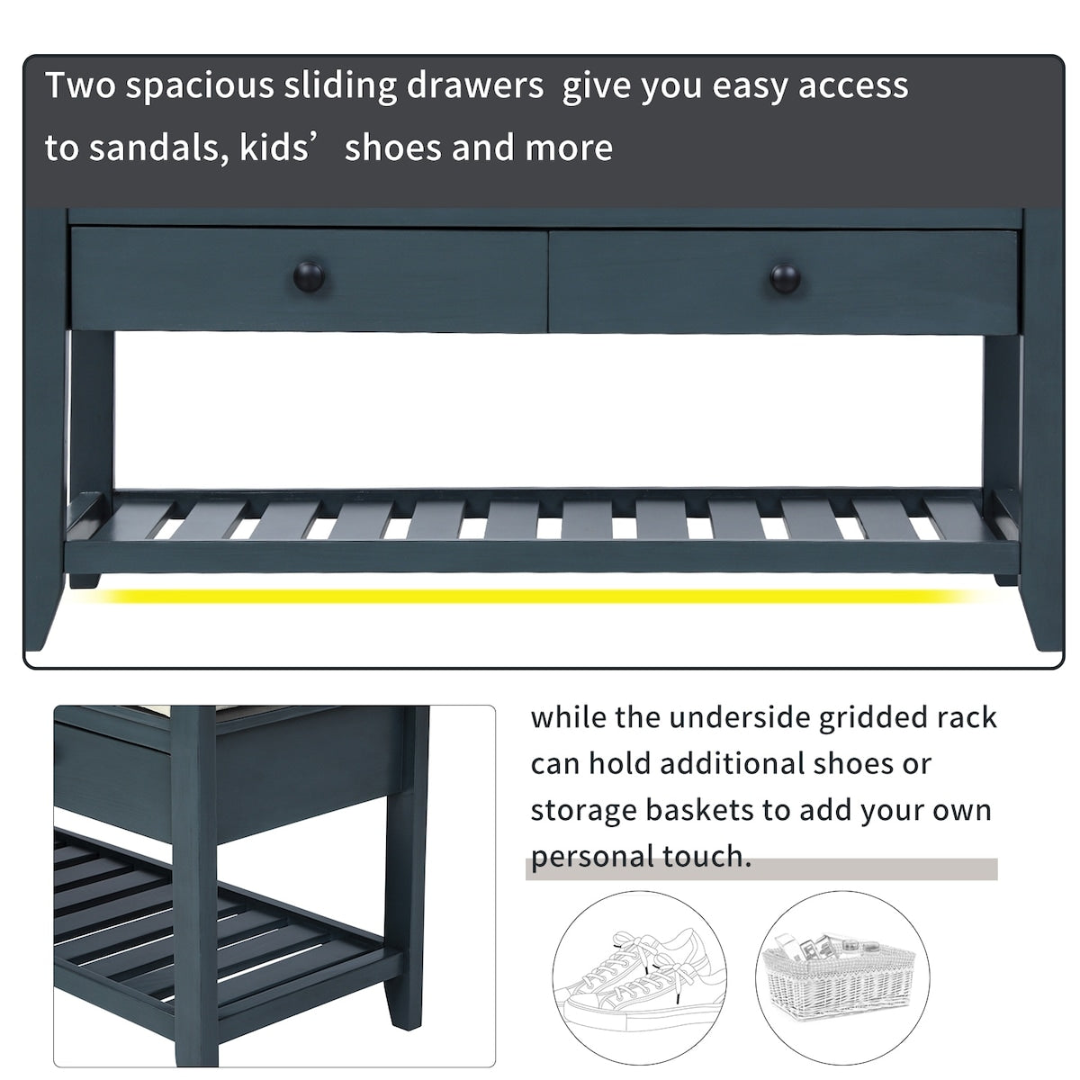 Shoe Rack with Cushioned Seat and Drawers, Multipurpose Entryway Storage Bench