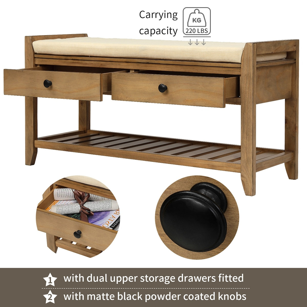 Shoe Rack with Cushioned Seat and Drawers, Multipurpose Entryway Storage Bench