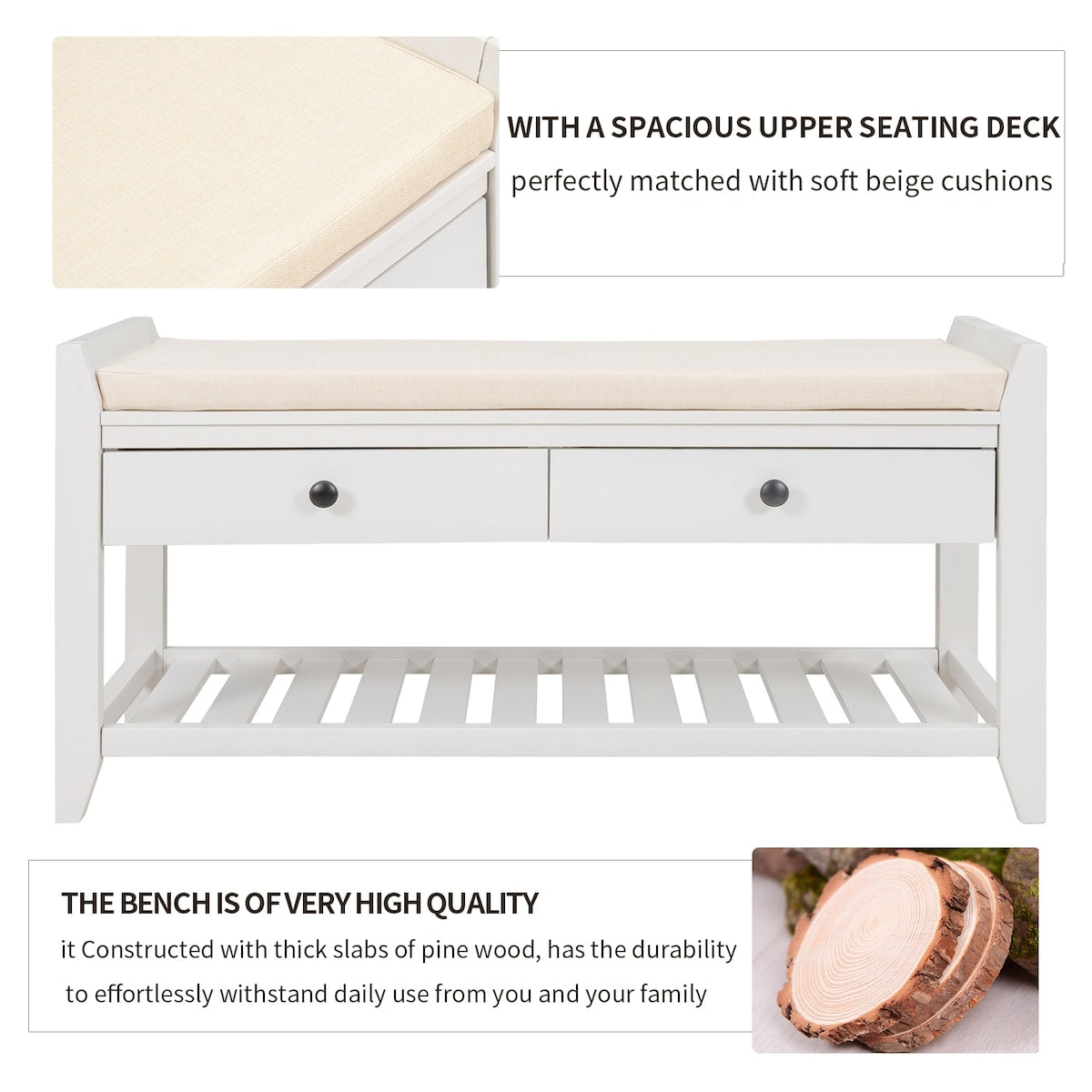 Shoe Rack with Cushioned Seat and Drawers, Multipurpose Entryway Storage Bench
