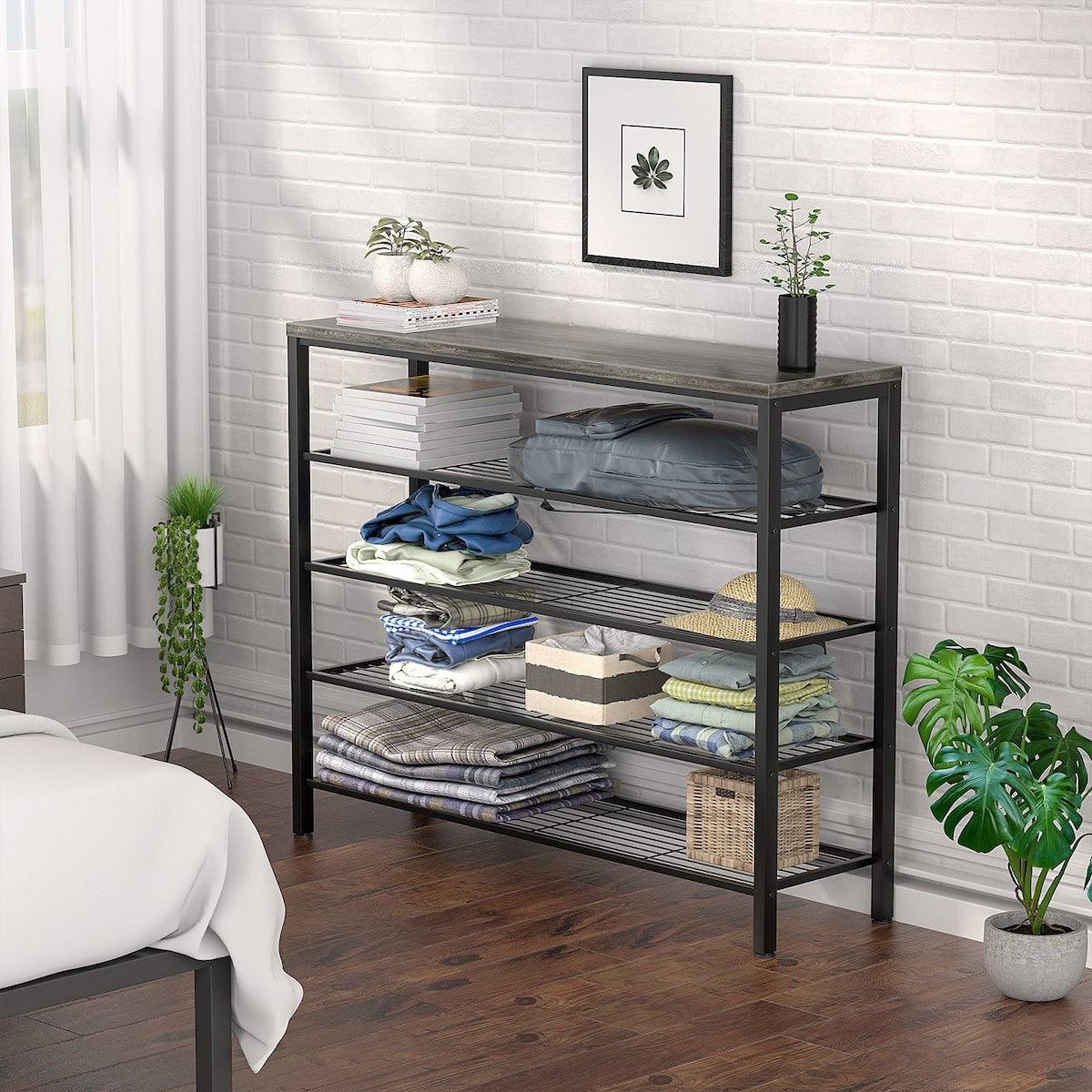 Shoe Rack, Industrial Shoe Storage Organizer, Large 5-Tier Metal Shoe Rack Shelves with Wood Board, Entryway Table for Hallway