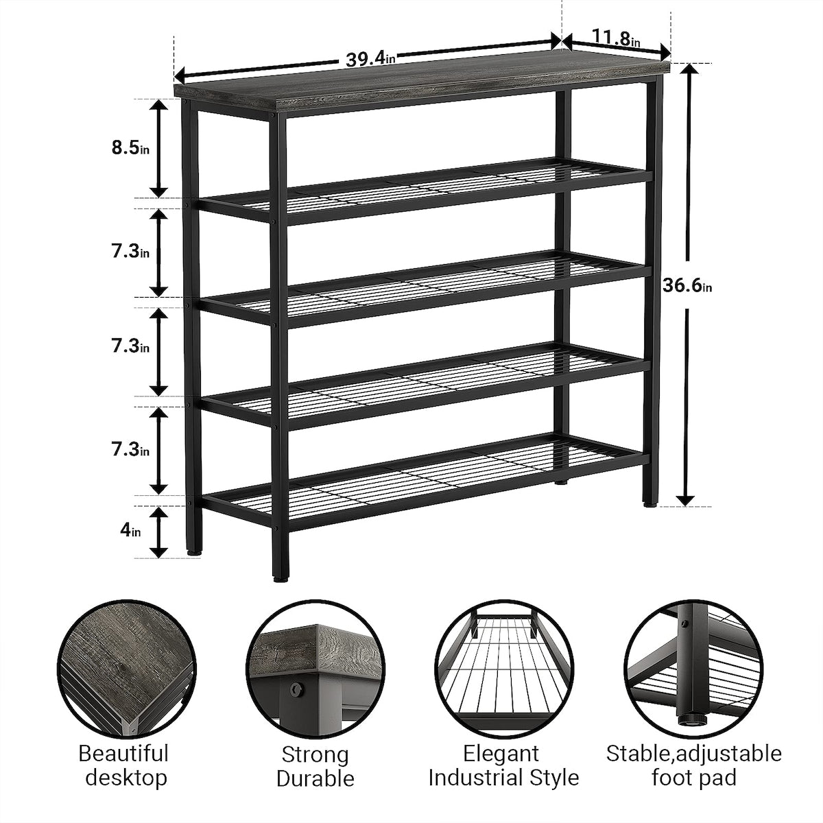 Shoe Rack, Industrial Shoe Storage Organizer, Large 5-Tier Metal Shoe Rack Shelves with Wood Board, Entryway Table for Hallway