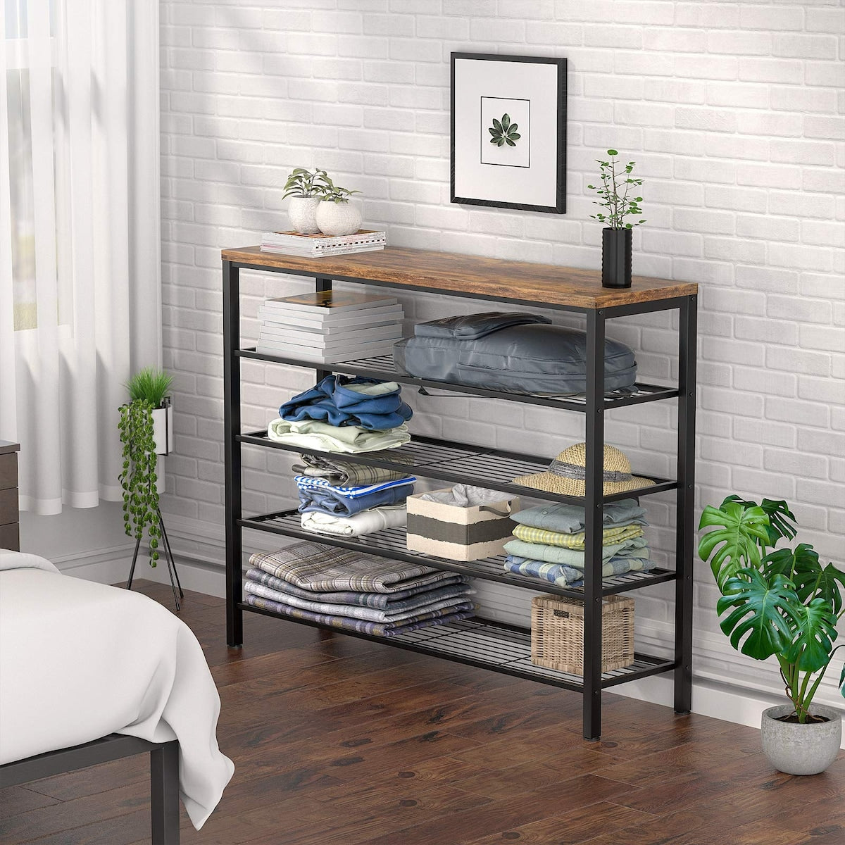 Shoe Rack, Industrial Shoe Storage Organizer, Large 5-Tier Metal Shoe Rack Shelves with Wood Board, Entryway Table for Hallway
