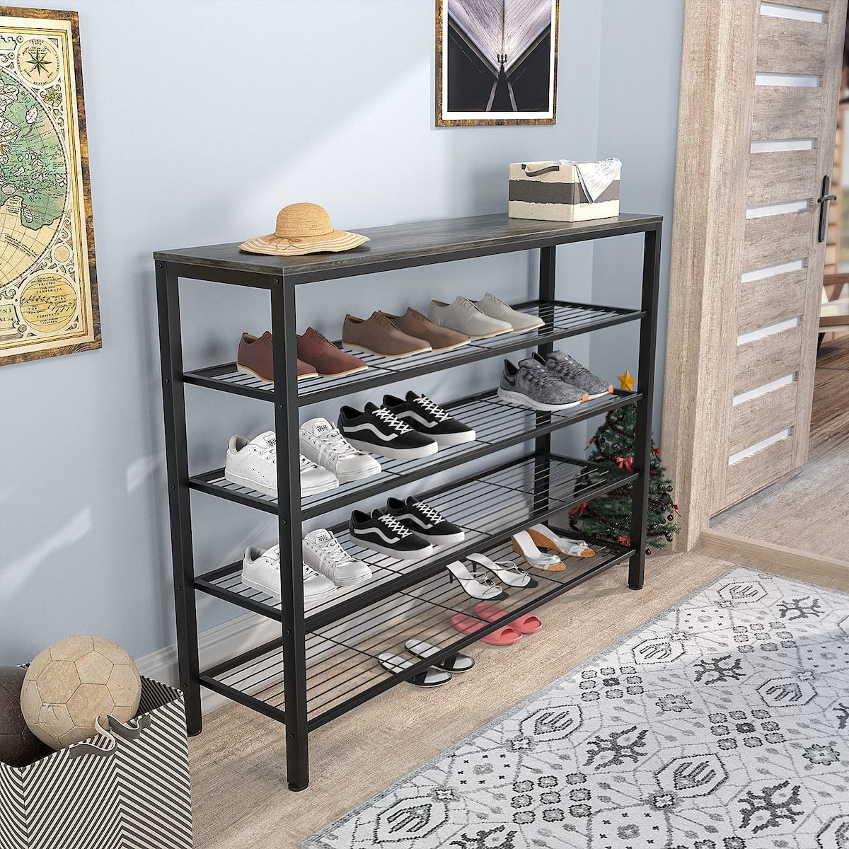 Shoe Rack, Industrial Shoe Storage Organizer, Large 5-Tier Metal Shoe Rack Shelves with Wood Board, Entryway Table for Hallway
