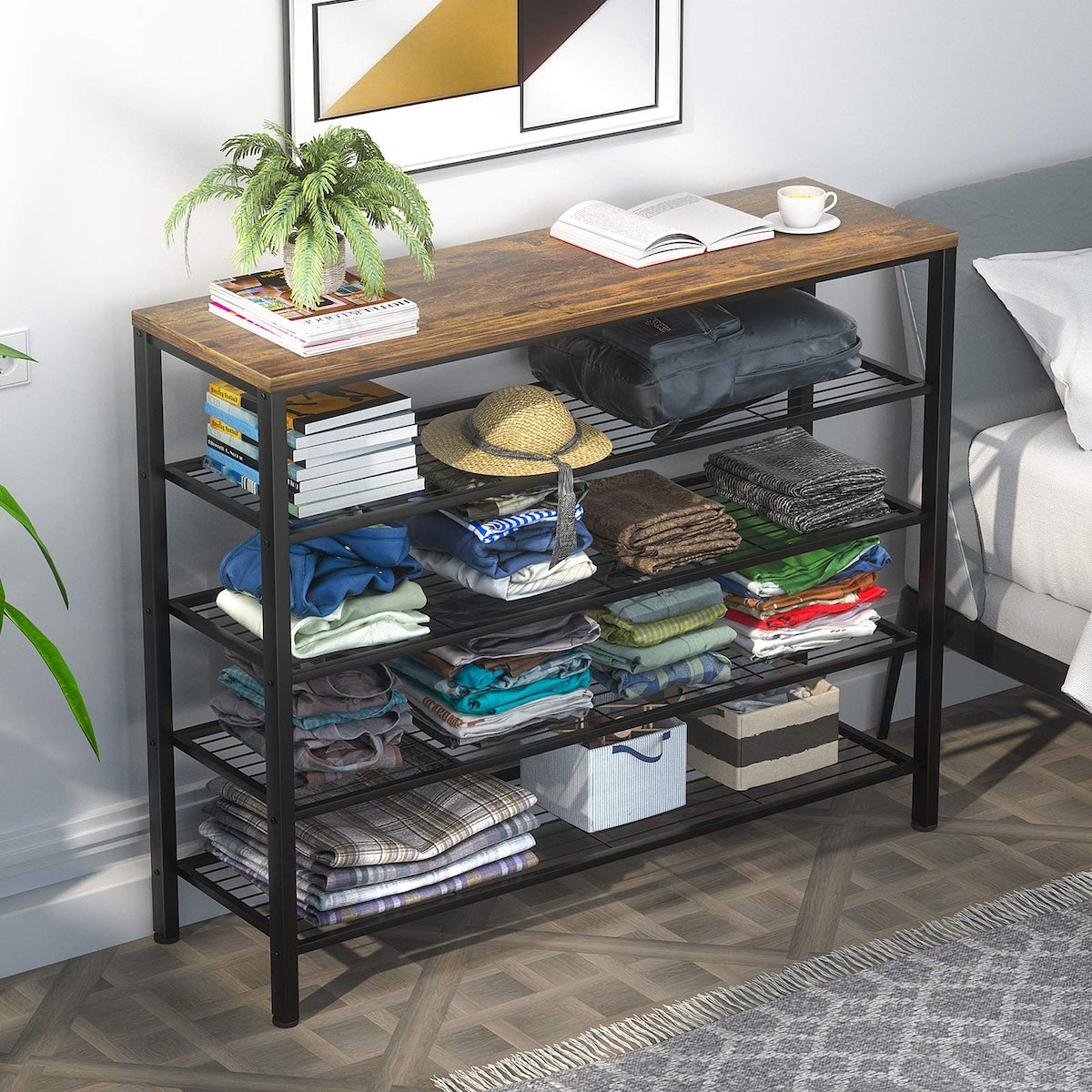 Shoe Rack, Industrial Shoe Storage Organizer, Large 5-Tier Metal Shoe Rack Shelves with Wood Board, Entryway Table for Hallway