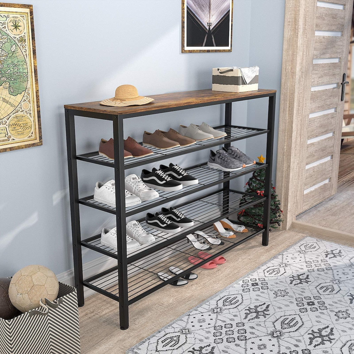 Shoe Rack, Industrial Shoe Storage Organizer, Large 5-Tier Metal Shoe Rack Shelves with Wood Board, Entryway Table for Hallway