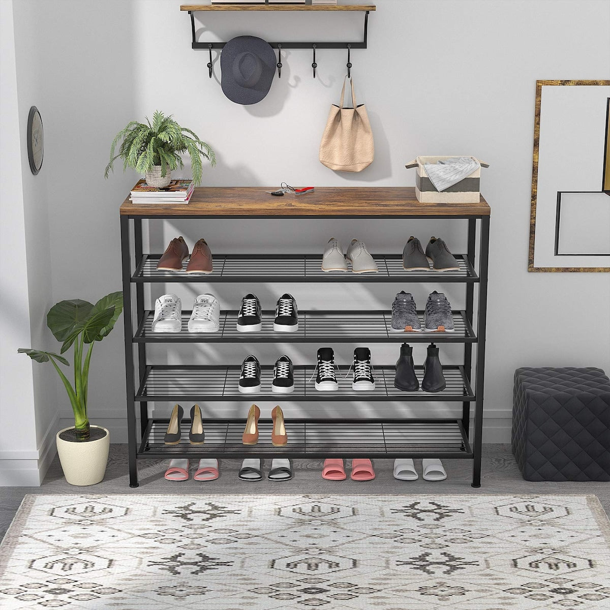 Shoe Rack, Industrial Shoe Storage Organizer, Large 5-Tier Metal Shoe Rack Shelves with Wood Board, Entryway Table for Hallway