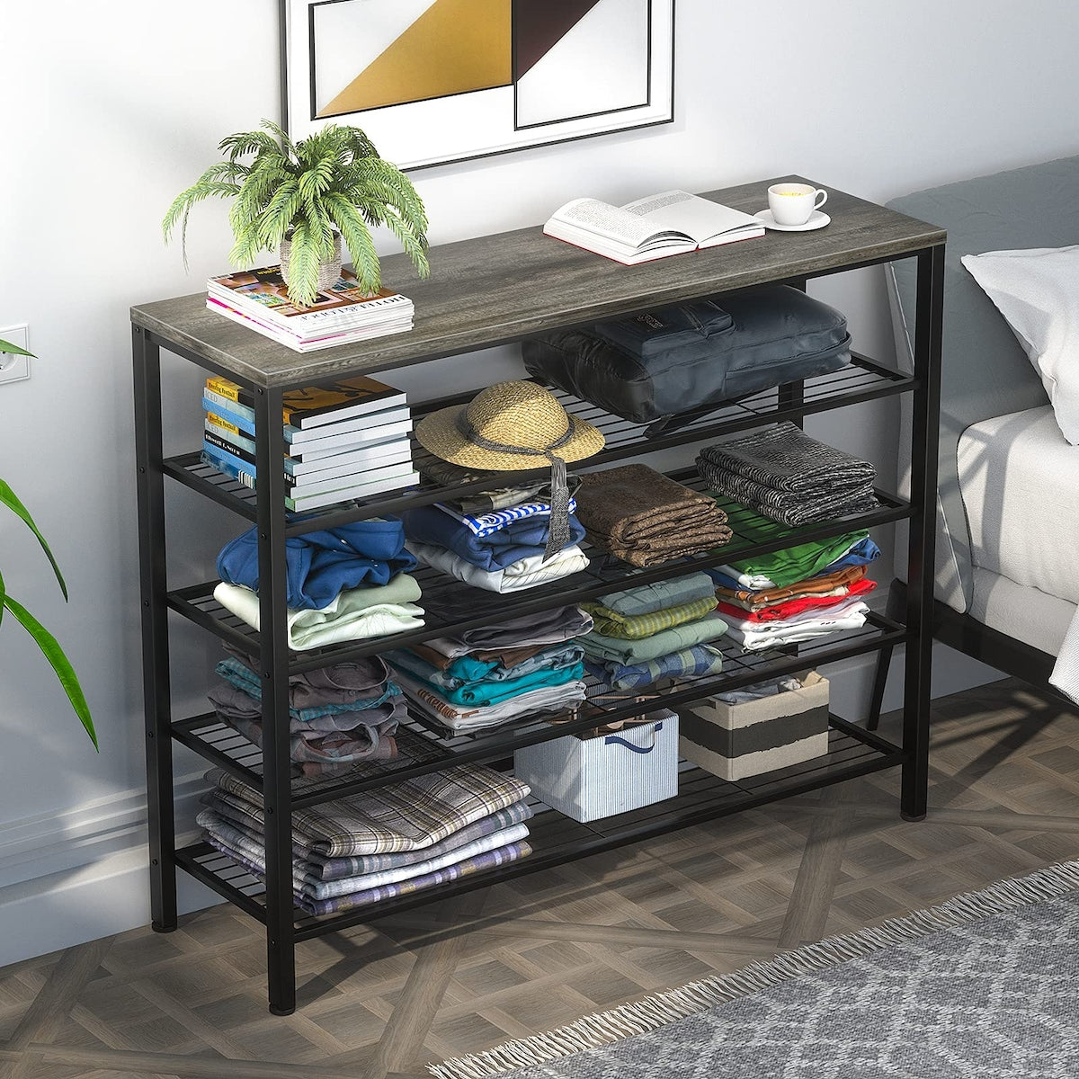 Shoe Rack, Industrial Shoe Storage Organizer, Large 5-Tier Metal Shoe Rack Shelves with Wood Board, Entryway Table for Hallway