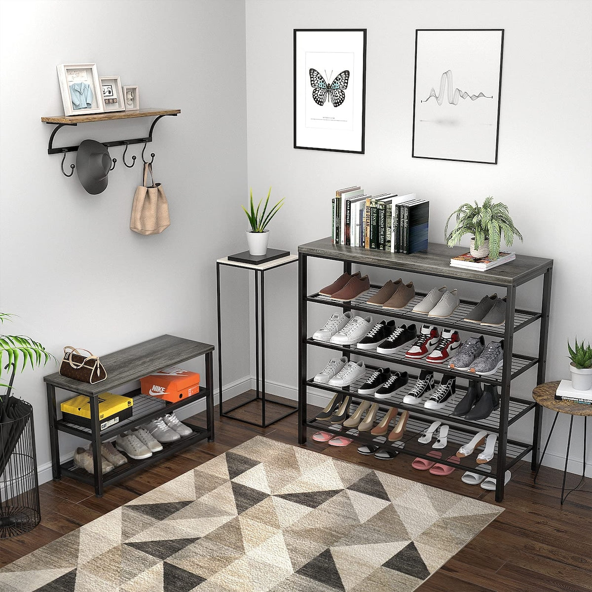 Shoe Rack, Industrial Shoe Storage Organizer, Large 5-Tier Metal Shoe Rack Shelves with Wood Board, Entryway Table for Hallway