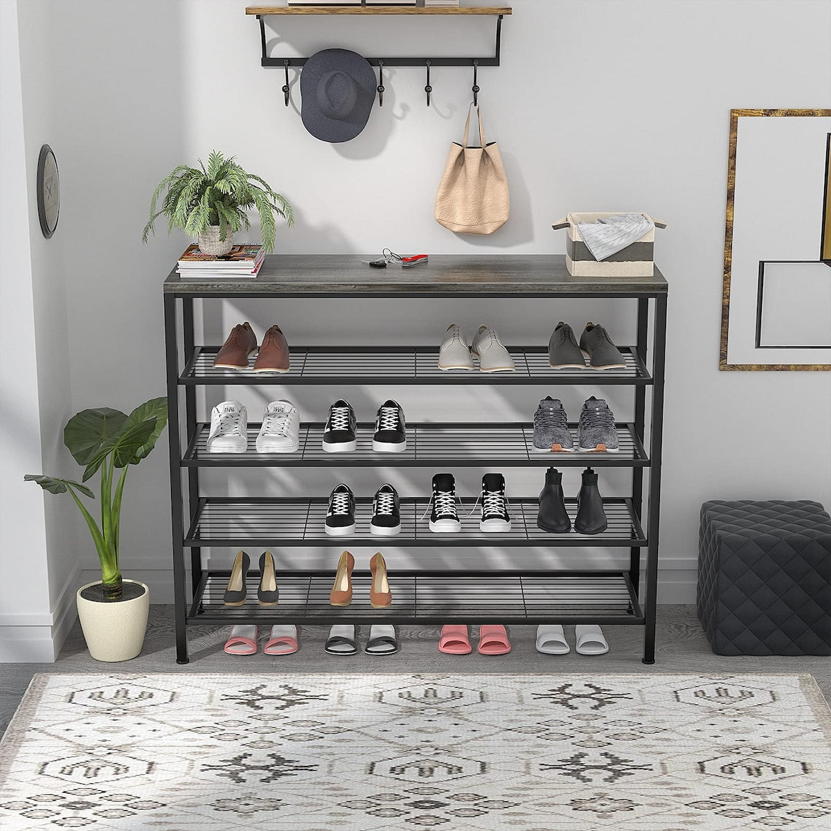 Shoe Rack, Industrial Shoe Storage Organizer, Large 5-Tier Metal Shoe Rack Shelves with Wood Board, Entryway Table for Hallway