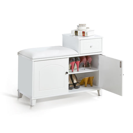 Shoe Storage Bench Cabinet with Fireproof PU Cushion, Double Doors and Movable Drawer Wood