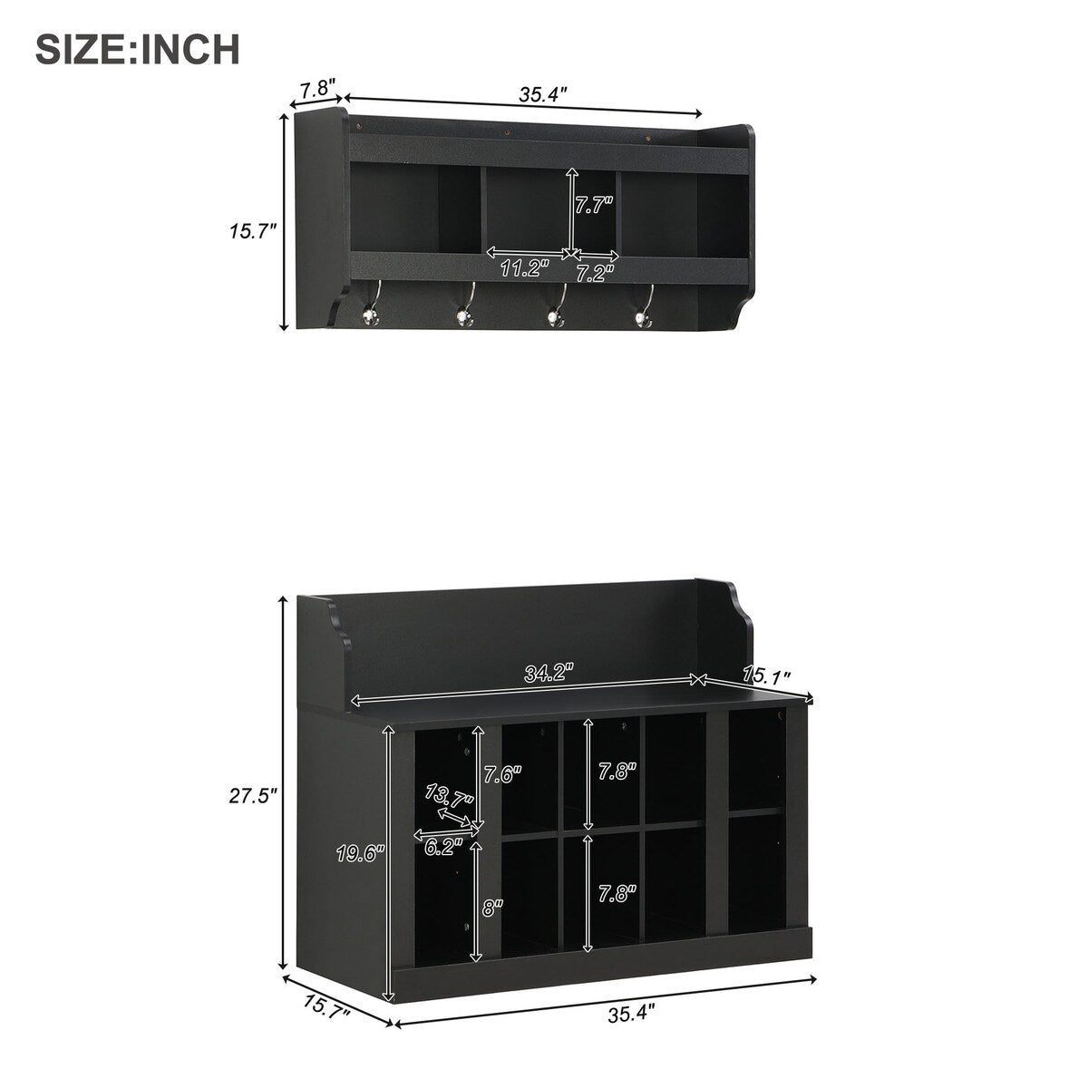 Shoe Storage Bench with Shelves and 4 Hooks, Elegant Hall Tree with Wall Mounted Coat Rack, Entryway Organizer