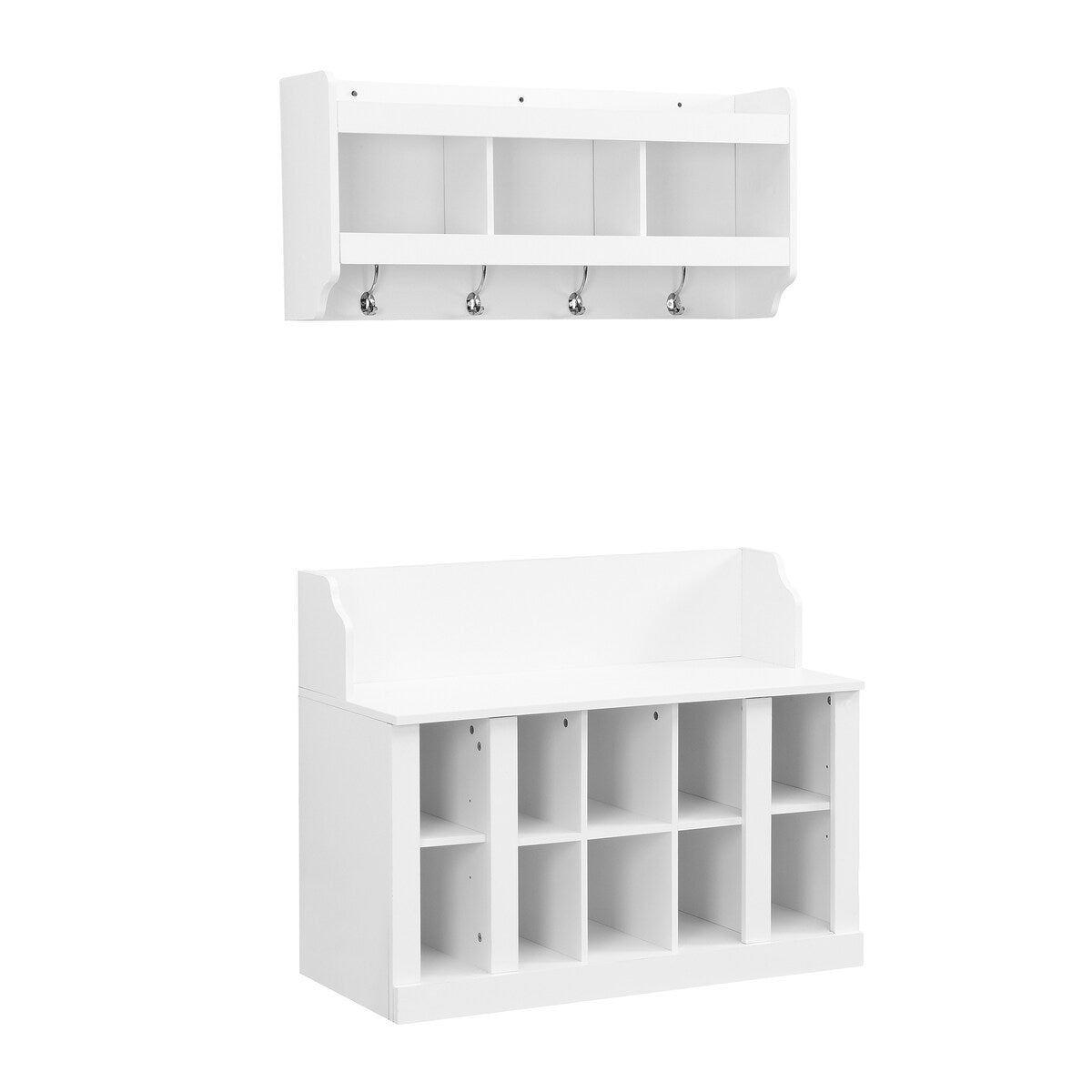Shoe Storage Bench with Shelves and 4 Hooks, Elegant Hall Tree with Wall Mounted Coat Rack, Entryway Organizer
