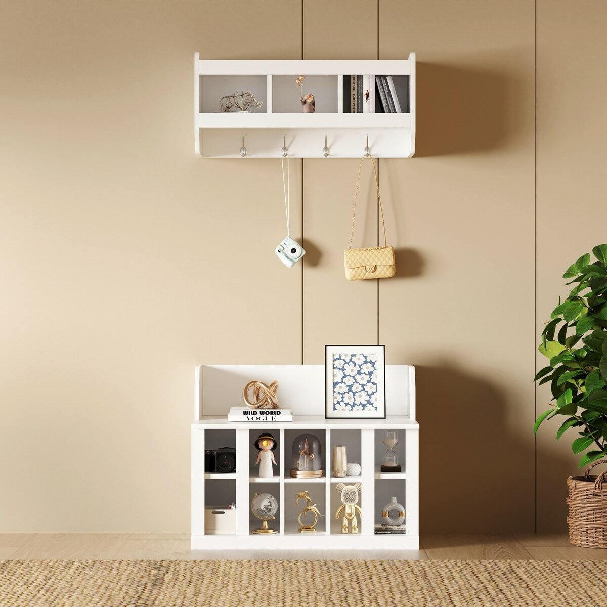 Shoe Storage Bench with Shelves and 4 Hooks, Elegant Hall Tree with Wall Mounted Coat Rack, Entryway Organizer