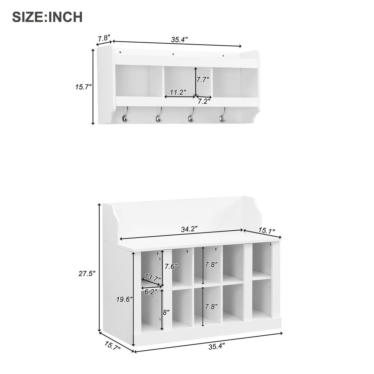 Shoe Storage Bench with Shelves and 4 Hooks, Elegant Hall Tree with Wall Mounted Coat Rack, Entryway Organizer