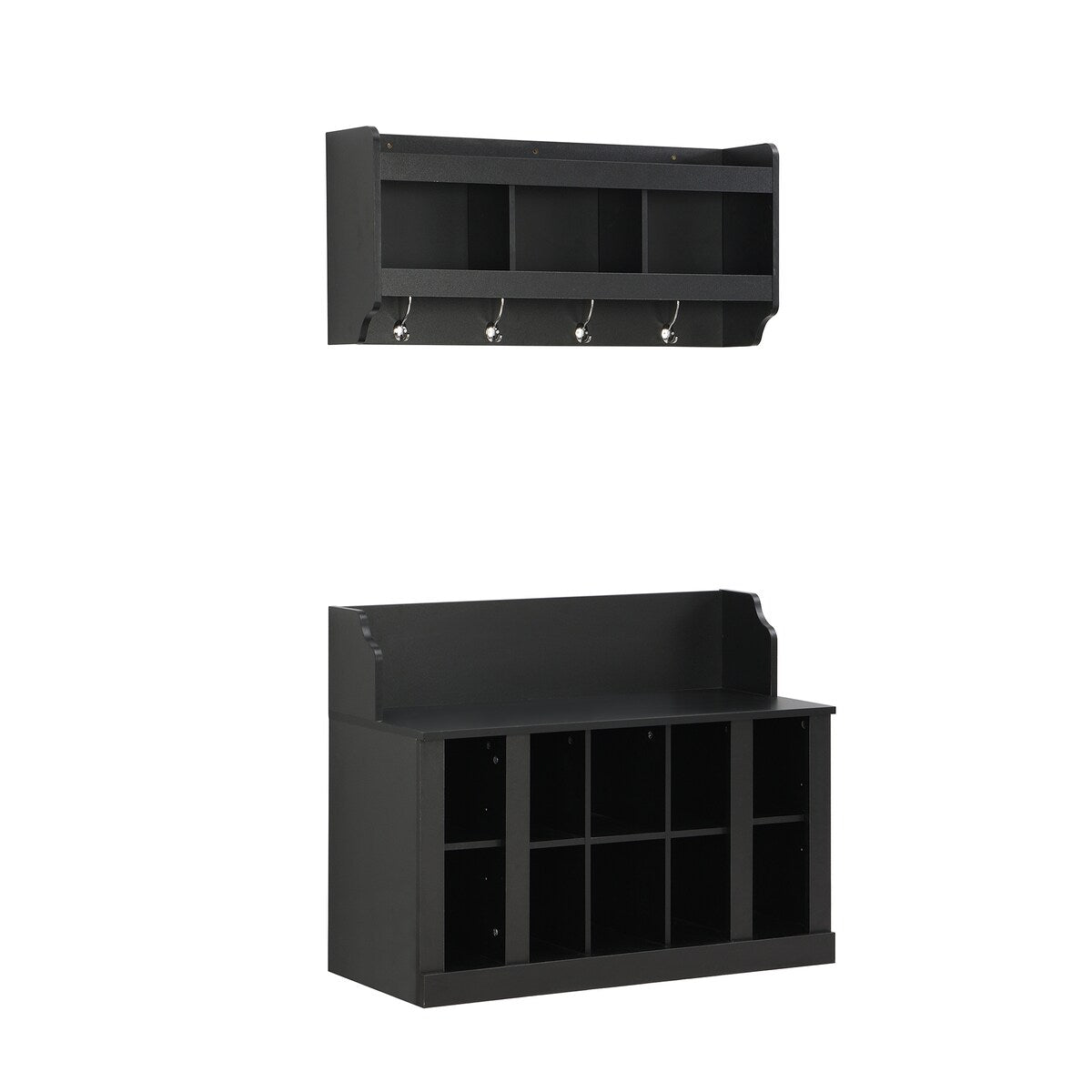 Shoe Storage Bench with Shelves and 4 Hooks, Elegant Hall Tree with Wall Mounted Coat Rack, Entryway Organizer