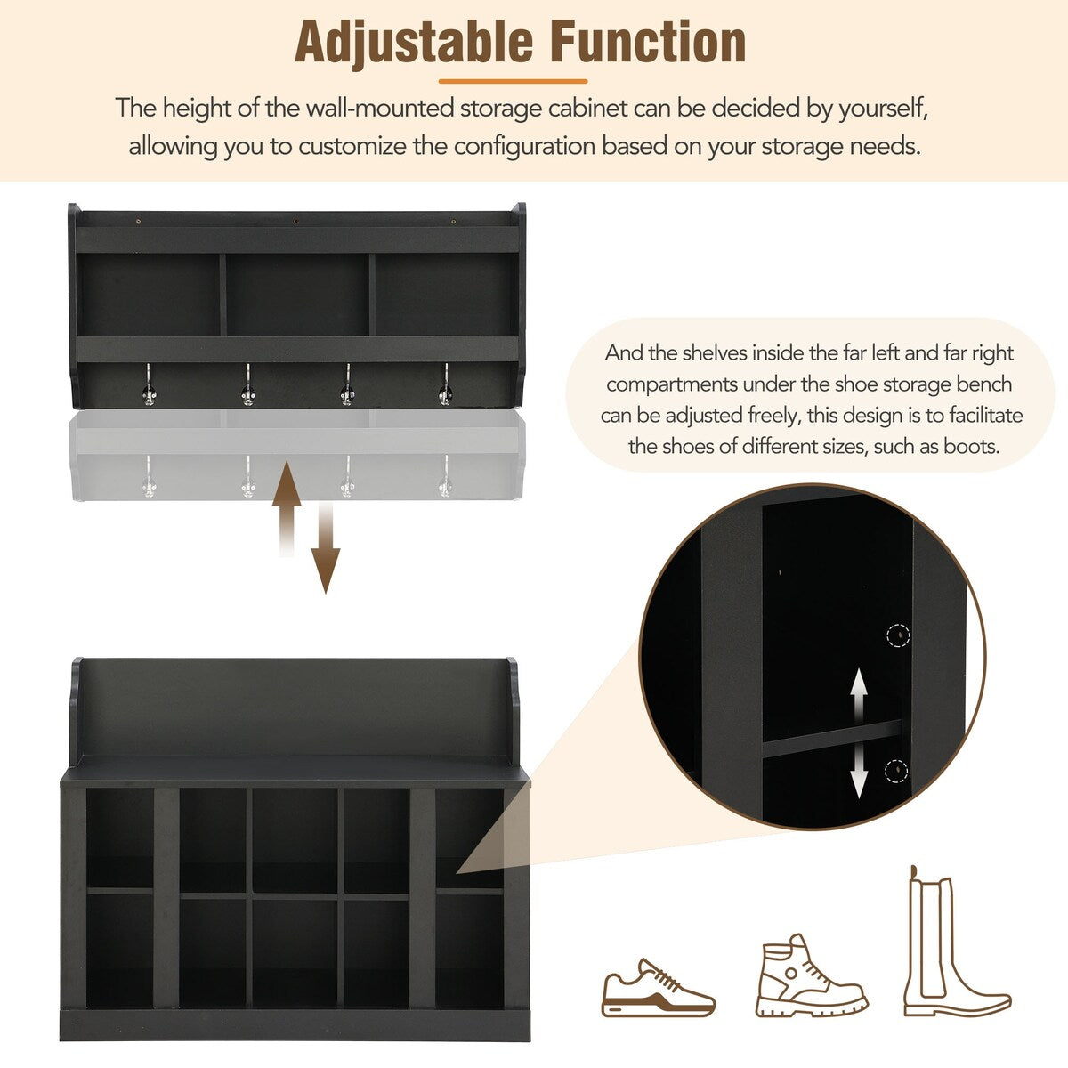 Shoe Storage Bench with Shelves and 4 Hooks, Elegant Hall Tree with Wall Mounted Coat Rack, Entryway Organizer