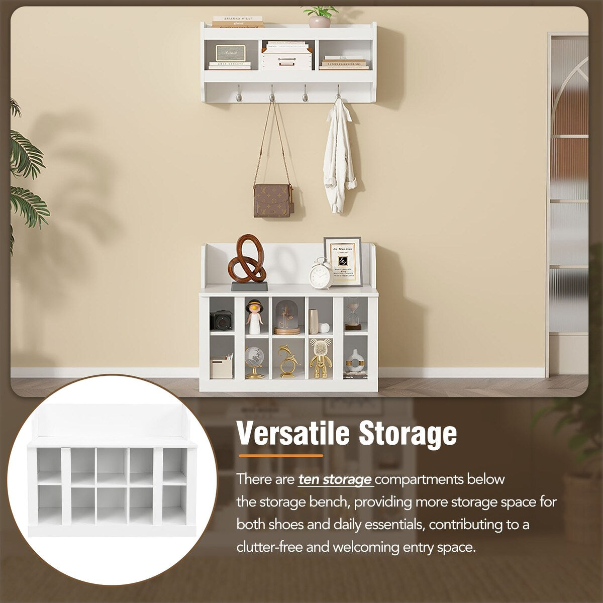 Shoe Storage Bench with Shelves and 4 Hooks, Elegant Hall Tree with Wall Mounted Coat Rack, Entryway Organizer