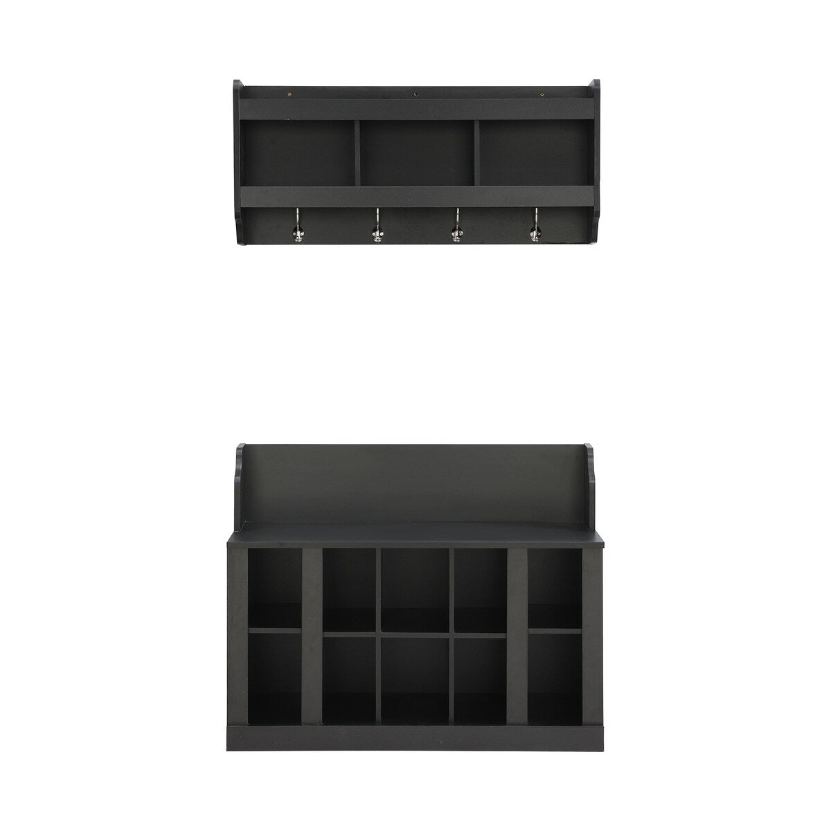 Shoe Storage Bench with Shelves and 4 Hooks, Elegant Hall Tree with Wall Mounted Coat Rack, Entryway Organizer