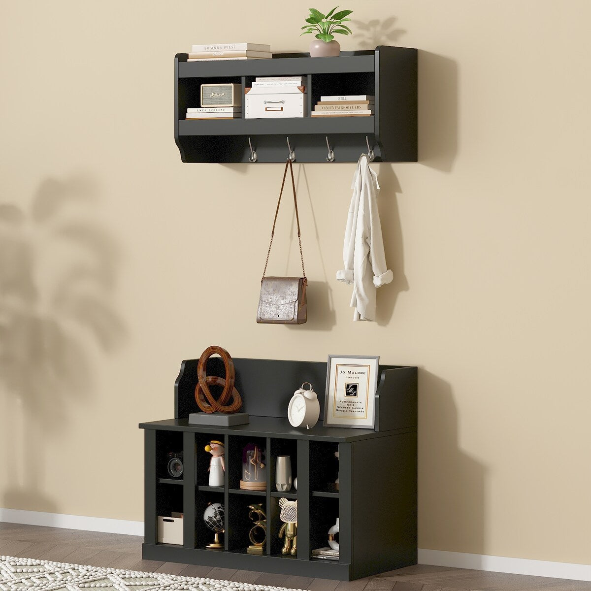 Shoe Storage Bench with Shelves and 4 Hooks, Elegant Hall Tree with Wall Mounted Coat Rack, Entryway Organizer