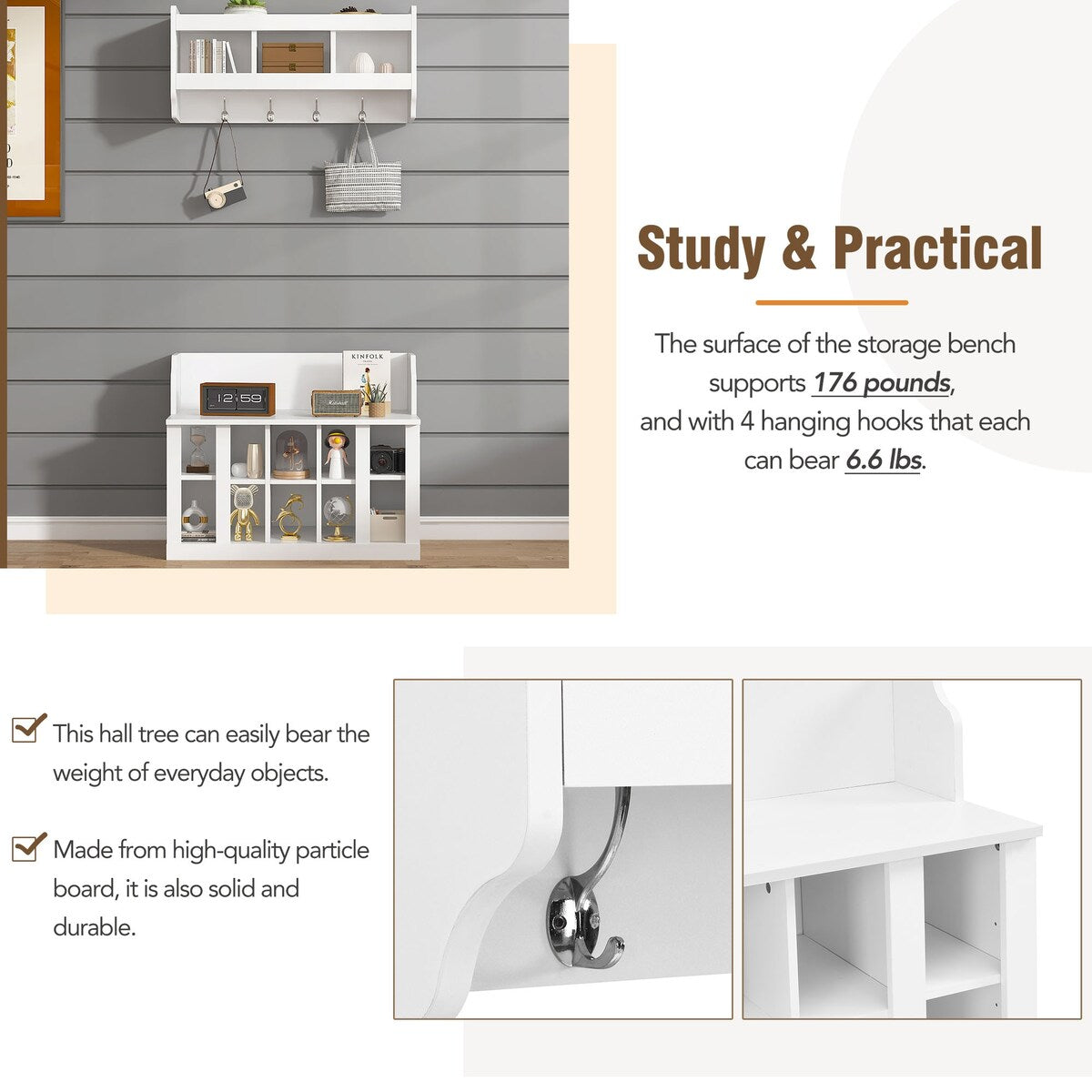 Shoe Storage Bench with Shelves and 4 Hooks, Elegant Hall Tree with Wall Mounted Coat Rack, Entryway Organizer