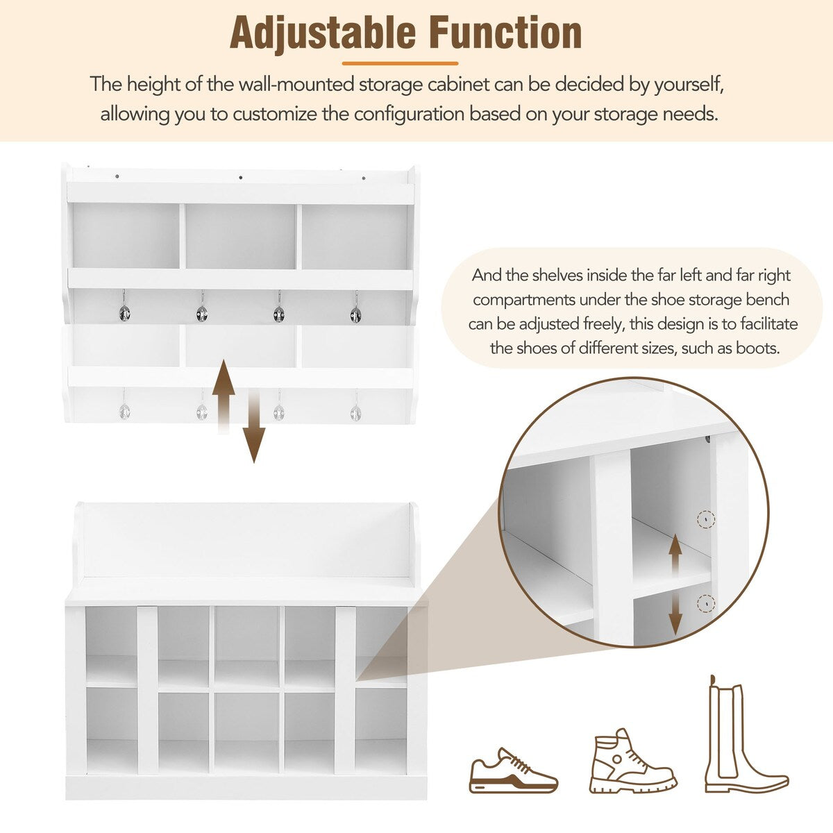 Shoe Storage Bench with Shelves and 4 Hooks, Elegant Hall Tree with Wall Mounted Coat Rack, Entryway Organizer