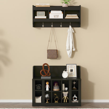 Shoe Storage Bench with Shelves and 4 Hooks, Elegant Hall Tree with Wall Mounted Coat Rack, Entryway Organizer