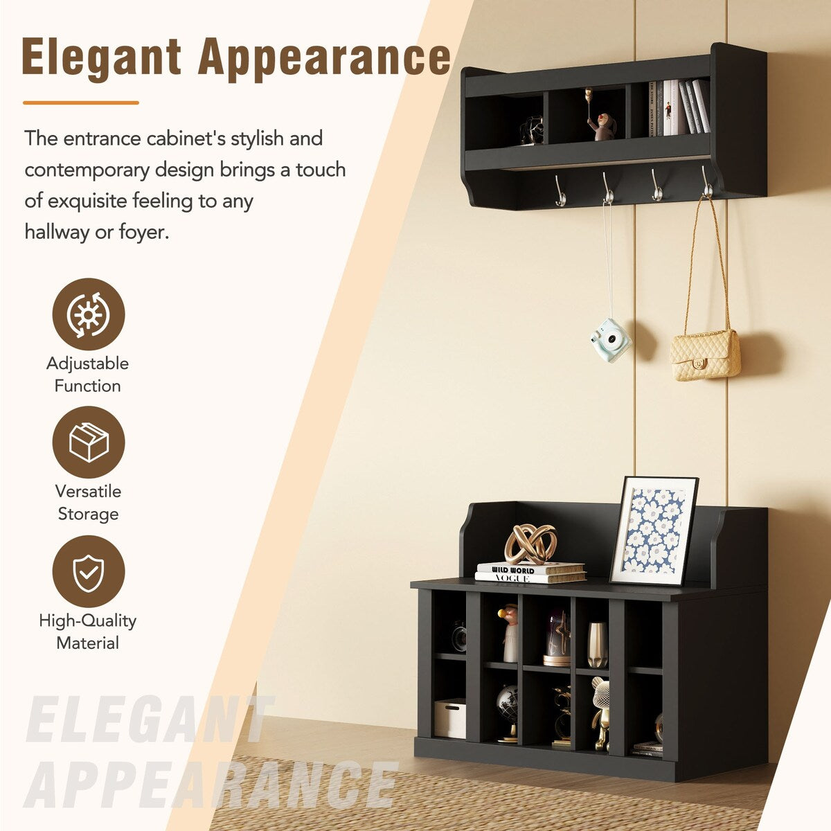 Shoe Storage Bench with Shelves and 4 Hooks, Elegant Hall Tree with Wall Mounted Coat Rack, Entryway Organizer