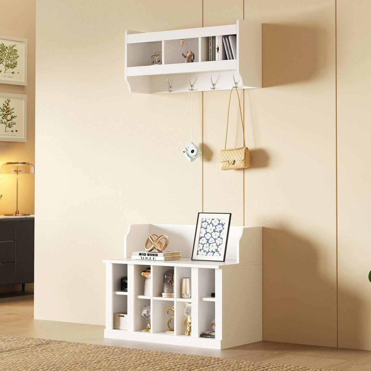 Shoe Storage Bench with Shelves and 4 Hooks, Elegant Hall Tree with Wall Mounted Coat Rack, Entryway Organizer