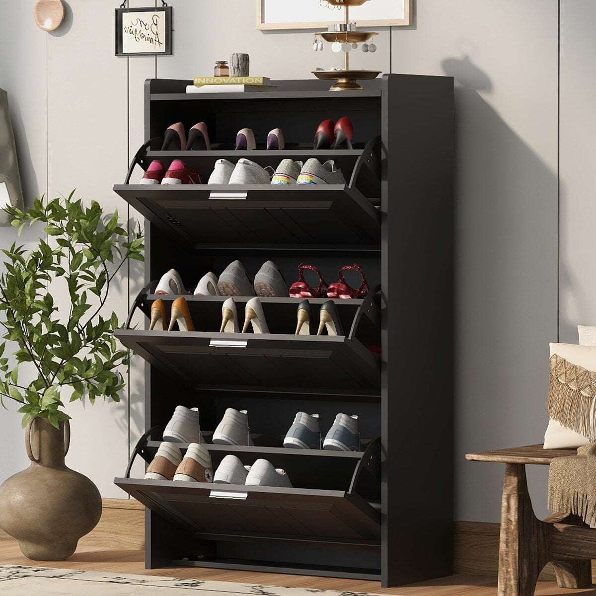 Shoe Storage Cabinet for Entryway with 3 Flip Drawers,Shoe Organizer Cabinet, Free Standing Shoe Rack for Hallway, Living Room