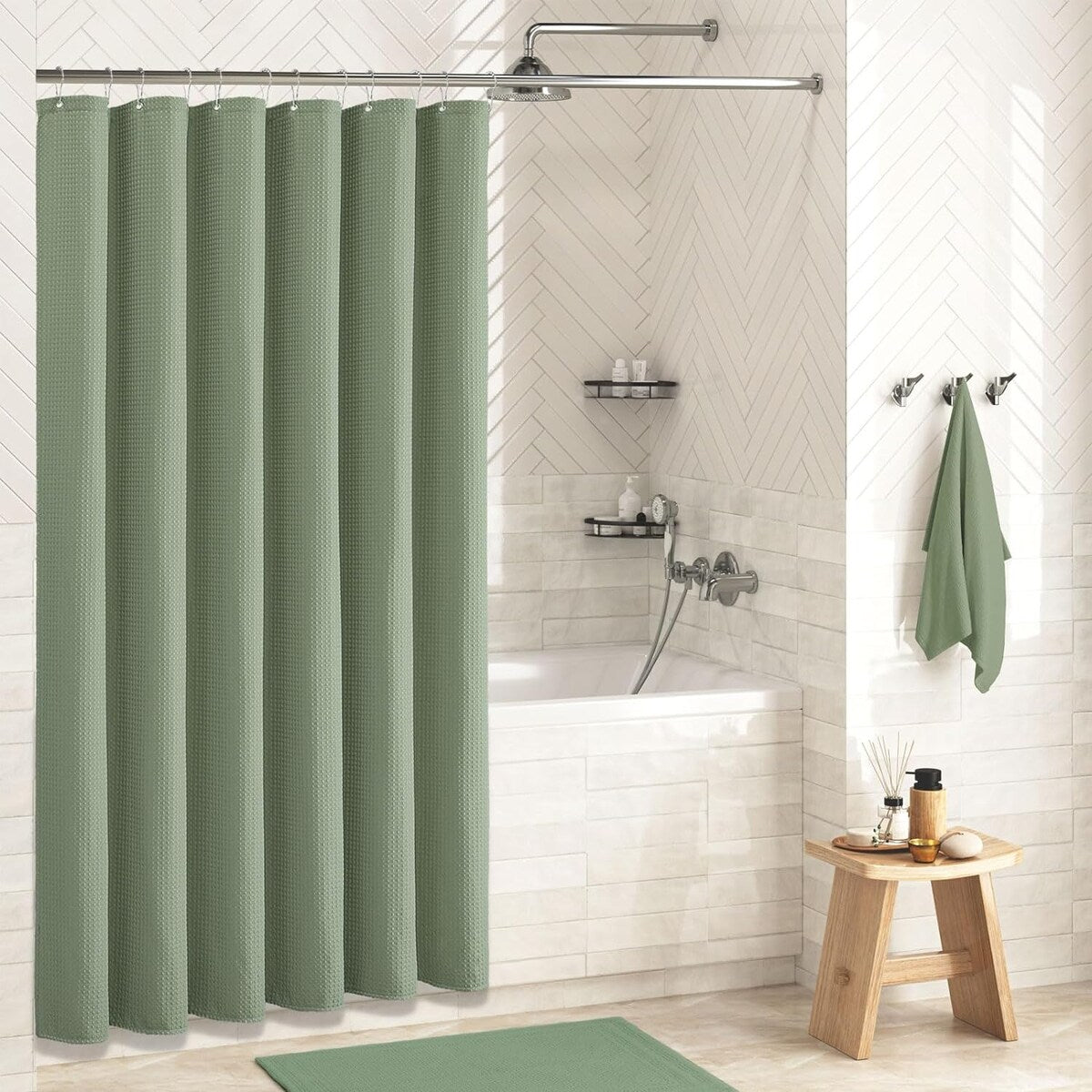 Shower Curtain Waffle Textured Heavy Duty Thick Fabric Shower Bathroom