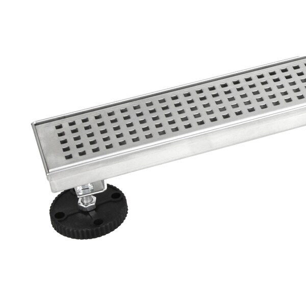 Shower Linear Drain 60 Inch Square Checker Pattern Grate Stainless Steel - w/Threaded Adaptor and Adjustable Leveling Feet