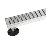 Shower Linear Drain 60 Inch Square Checker Pattern Grate Stainless Steel - w/Threaded Adaptor and Adjustable Leveling Feet