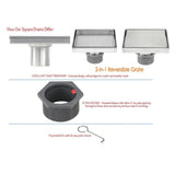 Shower Square Drain 6 inch - 2 IN 1 Reversible Tile Insert & Flat Grate Brushed Stainless Steel Finish