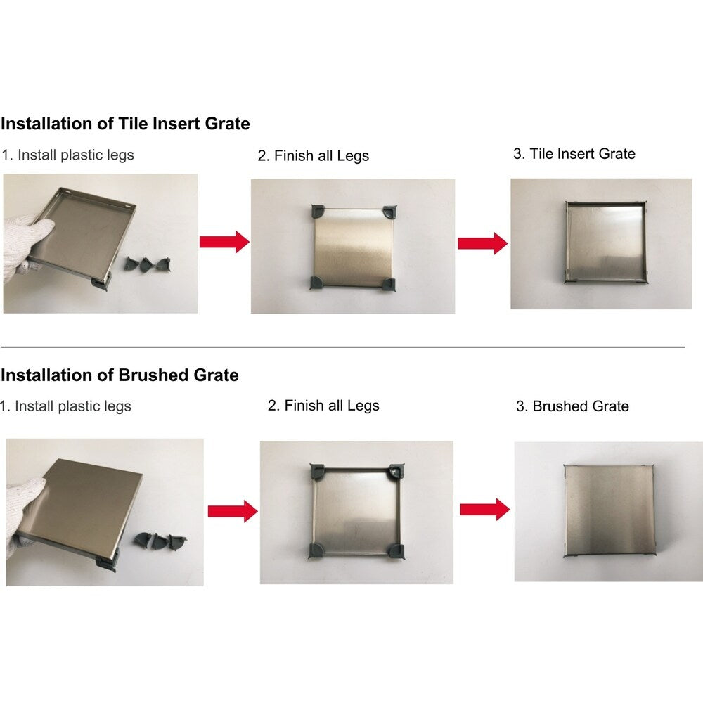 Shower Square Drain 6 inch - 2 IN 1 Reversible Tile Insert & Flat Grate Brushed Stainless Steel Finish