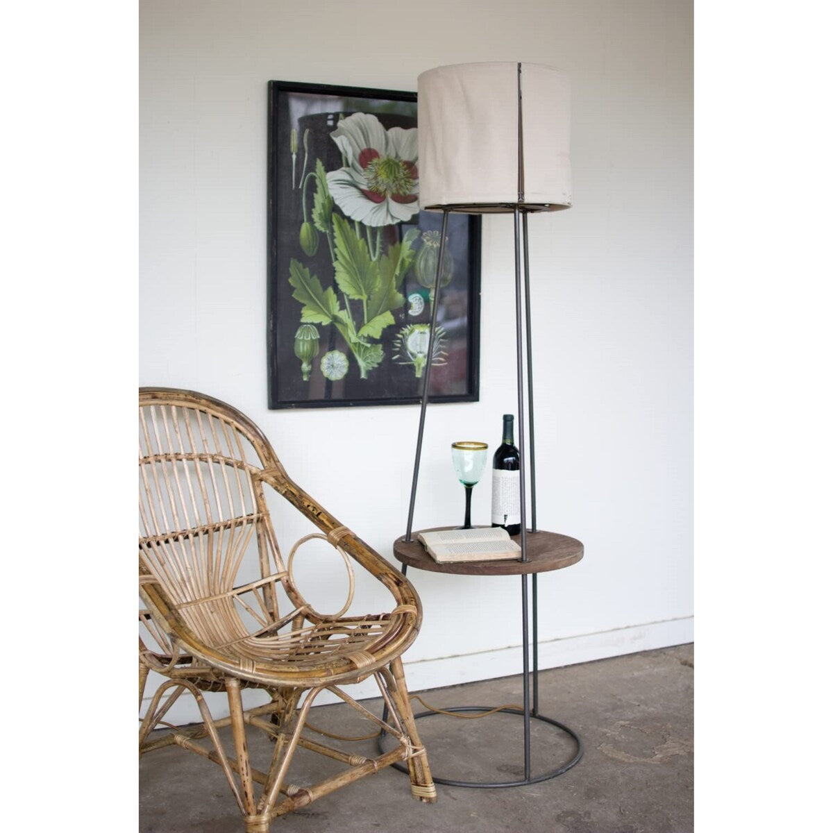 Side Table Floor Lamp & Canvas Shade - Vintage Lighting Style - 20"d x