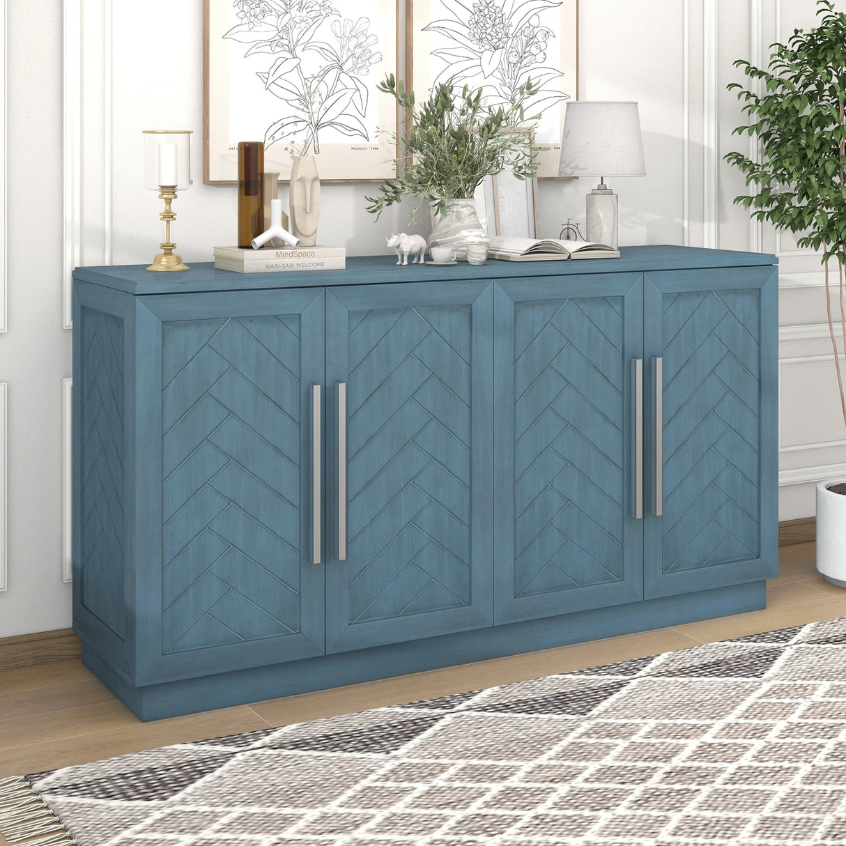 Sideboard Buffet Cabinet with 4 Doors and Shelves and Silver Handles